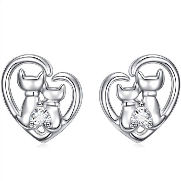 Sterling Silver Cat Earrings With CZ Heart - Picture 3 of 4